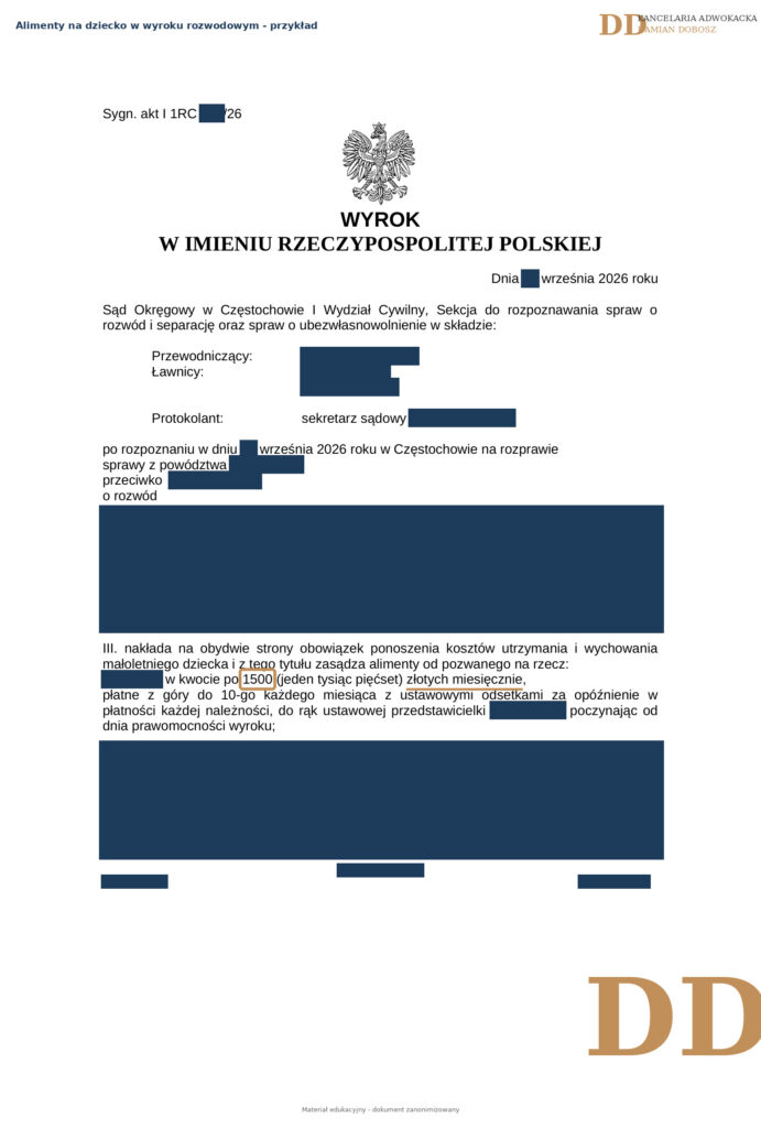 Zanonimizowany wyrok Sądu Okręgowego w Częstochowie zasądzający alimenty na dziecko w wysokości 1500 zł miesięcznie