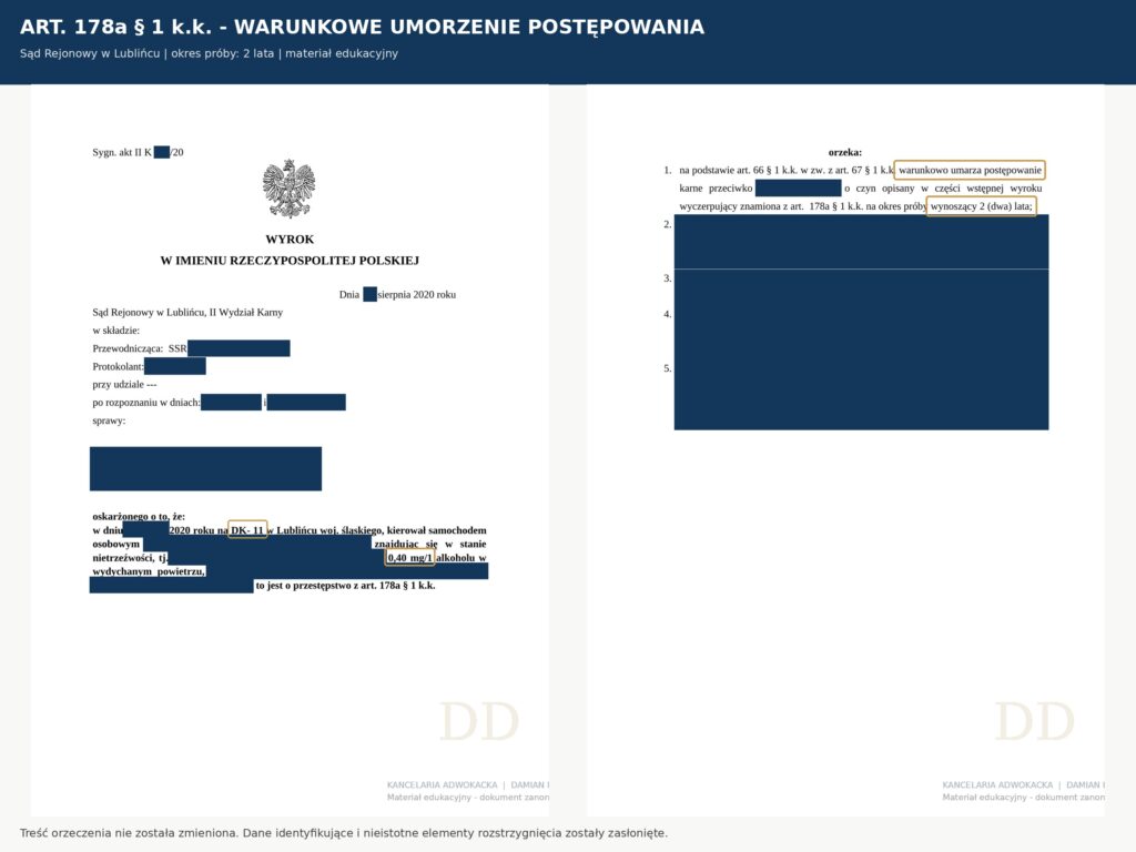 Zanonimizowany wyrok w sprawie z art. 178a k.k. – warunkowe umorzenie postępowania na 2 lata