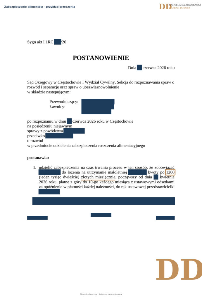 Zanonimizowane postanowienie Sądu Okręgowego w Częstochowie o zabezpieczeniu alimentów na dziecko w kwocie 1200 zł miesięcznie