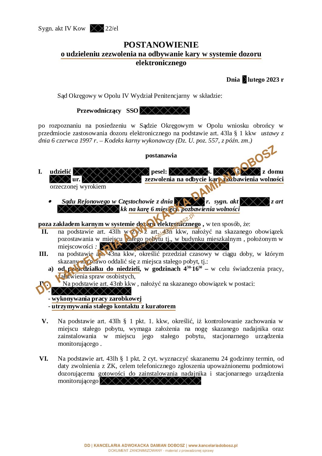 Zanonimizowane postanowienie Sądu Okręgowego w Opolu – dozór elektroniczny (SDE) i nakaz zwolnienia z zakładu karnego
