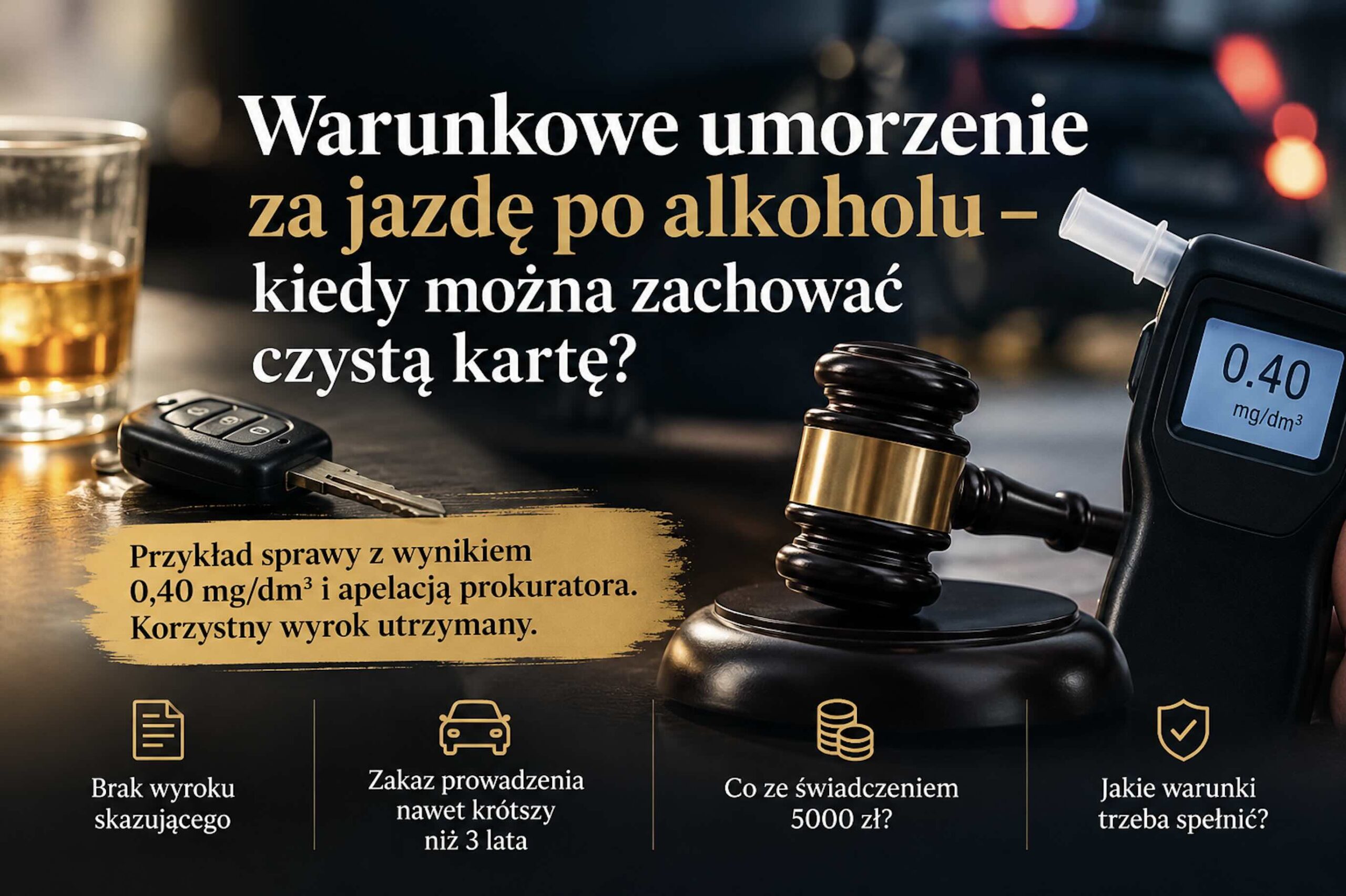 Warunkowe umorzenie za jazdę po alkoholu – art. 178a k.k. i wynik 0,40 mg/dm³