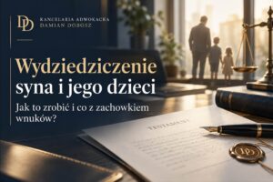 Grafika do artykułu o wydziedziczeniu syna i jego dzieci oraz o zachowku wnuków – testament, pióro i symbolika prawa rodzinnego i spadkowego.